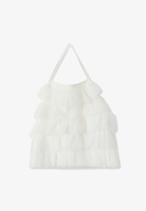 Biała torba tote wykonana z warstwowego tiulu z falbaniastymi brzegami, z pojedynczym materiałowym paskiem na ramię. Miękka tekstura i lekka konstrukcja.