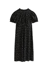 Vestido negro con mangas cortas con volantes, con un escote fruncido y un estampado floral. Fabricado en tejido ligero con un corte holgado.