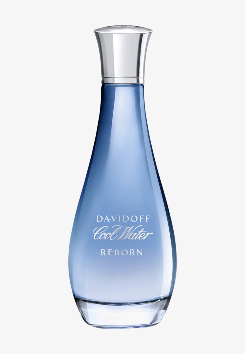Bottiglia di profumo in vetro sfumato blu con tappo argento etichettata "Davidoff Cool Water Reborn" su uno sfondo chiaro.