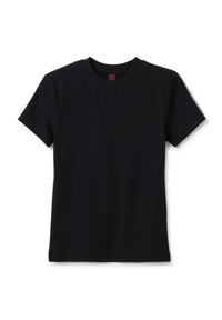 Schwarzes kurzärmliges T-Shirt aus geripptem Baumwollstoff mit rundem Ausschnitt und glatter Textur. Keine sichtbaren Muster oder Akzente.