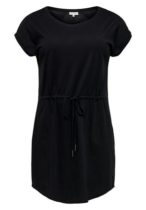 Sort kortærmet afslappet kjole med rund udskæring, opkrogede manchetter og justerbar snøre i taljen.