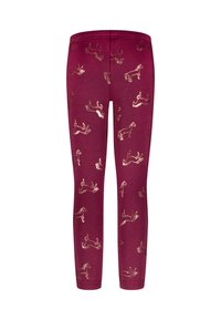 Burgunderfarbene Leggings mit weicher Textur, versehen mit einem goldenen Pferdemuster. Figurbetontes Design mit elastischem Taillenbund und ohne zusätzliche Beschläge.