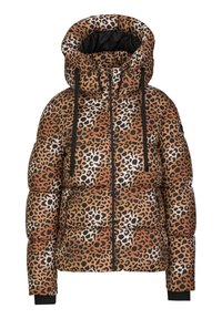 Leopardenmuster-Pufferjacke mit hohem gepolstertem Kragen, schwarzen Kordeln, Vorderreißverschluss und schwarzen gerippten Bündchen an den Ärmeln.