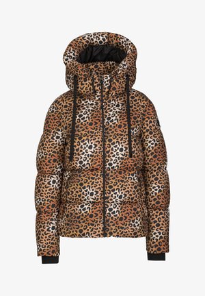 Veste puffer à imprimé léopard avec un col haut rembourré, des cordons de serrage noirs, une fermeture éclair avant et des poignets côtelés noirs sur les manches.