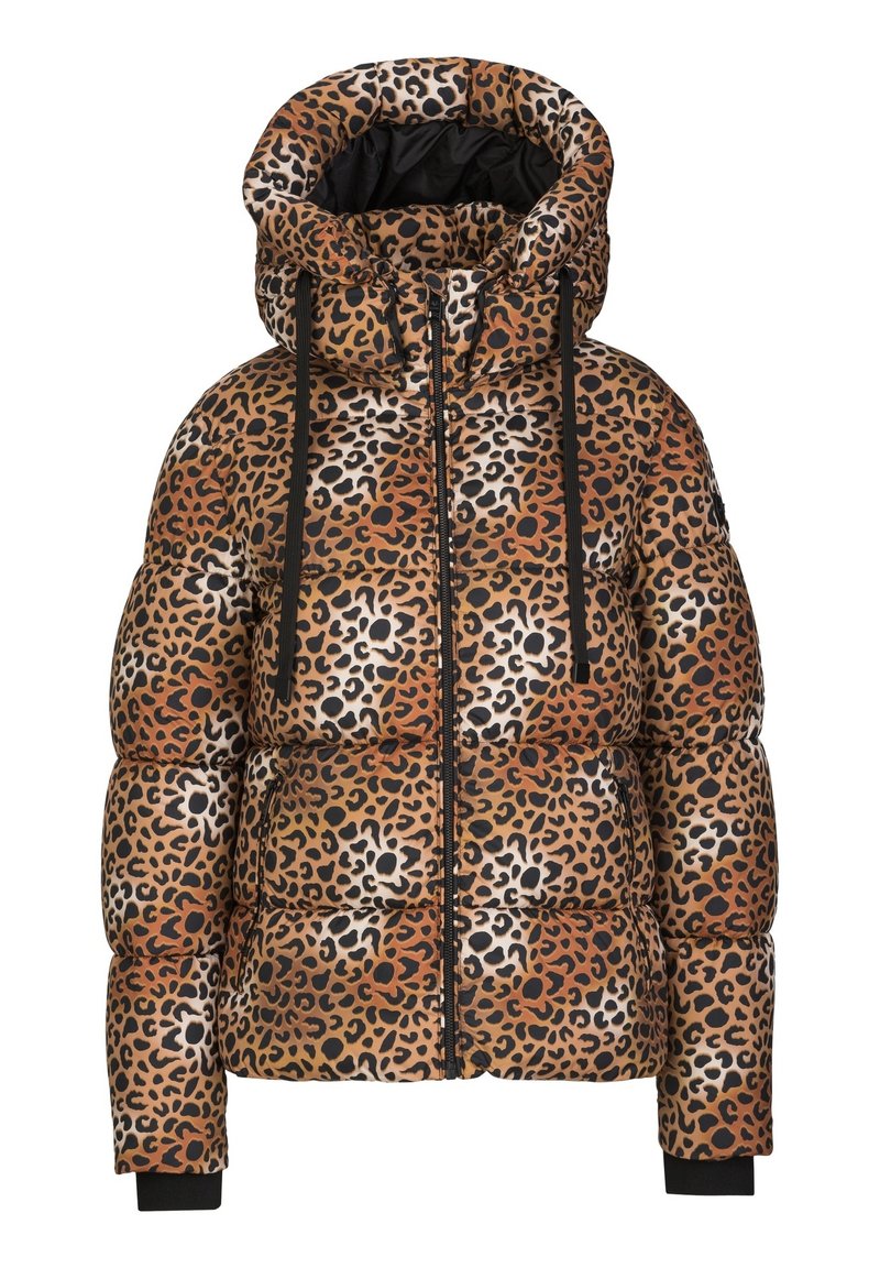 Leopardenmuster-Pufferjacke mit hohem gepolstertem Kragen, schwarzen Kordeln, Vorderreißverschluss und schwarzen gerippten Bündchen an den Ärmeln.