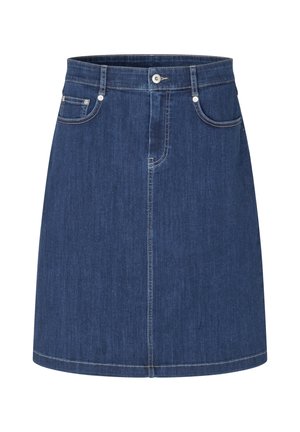 Donkere blauwe denim rok met een rechte pasvorm, zakken, een knoopsluiting en contrasterende stiksels.