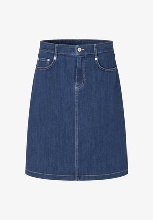 Jupe en denim bleu foncé, avec une silhouette droite, des poches, une fermeture à boutons et des coutures contrastées.