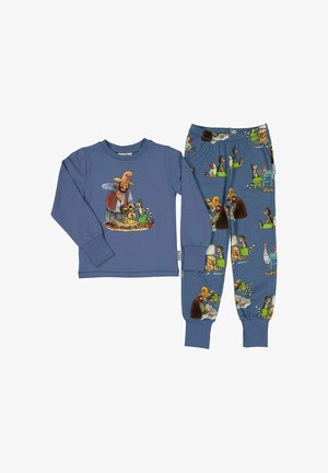 Blue children's long-sleeve top and pants set with cartoon print of a man in a hat working with a cat and a chicken on a machine.