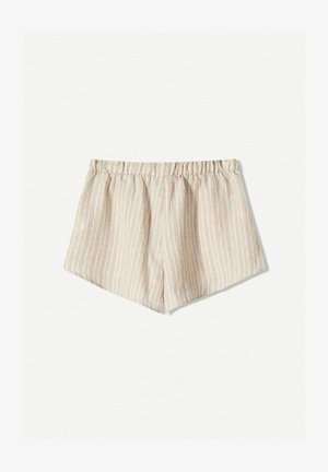 Light beige shorts with white stripes, elastic waistband, and a relaxed fit. Material appears textured and lightweight, suitable for warm weather.