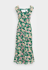 Blommig maxiklänning med en djupgrön bas och rosa-gula blommor, med korta volangärmar och en figursydd midja. Mjuk, flödande tyg.