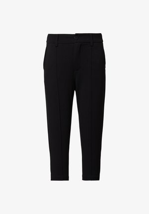 Pantalons noirs ajustés en tissu lisse et extensible, avec une fermeture à bouton, des poches latérales et un design épuré et sur mesure.
