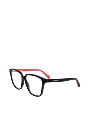 Occhiali da vista neri a forma di cat-eye con aste interne rosse e scritta dorata "LOVE MOSCHINO" sulle aste.