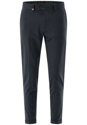 Dark gray tailored men's trousers with button and belt loops, slim fit with cuffed hems.