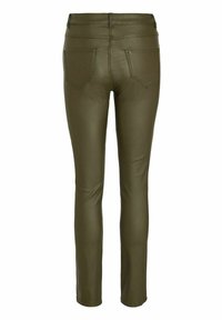 Olivgröna fusk läder skinny jeans med en slät yta, med två bakfickor och en midjehöjd i mellanläge.