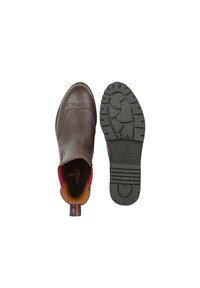 Braune Leder-Ankle-Boots mit rosa und braunen Akzenten, Broguedetails im Obermaterial und einer strukturierten Gummisohle mit Herzformen.