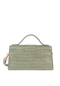 Borsa in pelle verde con stampa coccodrillo, dalla forma strutturata, con manico superiore e dettagli in metallo dorato. Include una tracolla rimovibile.