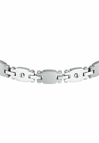 Bracciale in metallo argentato con ovali alternati lucidi e spazzolati, dotato di rivetti rotondi, progettato per una chiusura sicura.