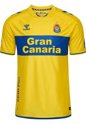 Yellow football jersey with blue horizontal band showing "Gran Canaria," blue hummel logo, club crest with crown, and chevron pattern inside collar.