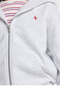 Gray zip-up hoodie made of soft fabric, featuring a red embroidered logo and a striped shirt underneath with red and blue horizontal lines.