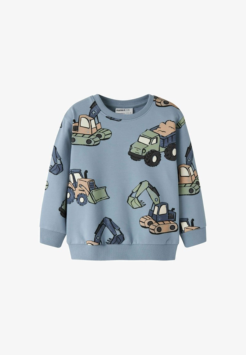 Sweat-shirt enfant bleu clair avec illustrations de véhicules de chantier, y compris des pelleteuses et des camions-bennes.