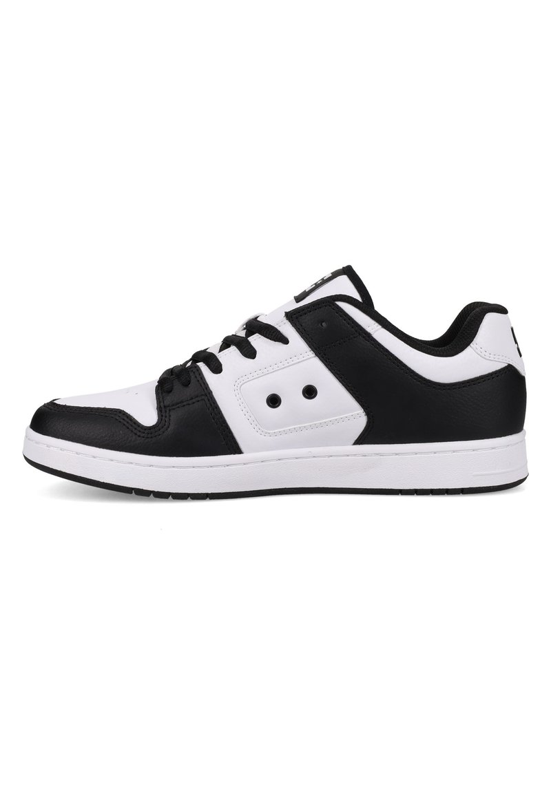 Sport shoe with a smooth black leather and white synthetic upper. Features six eyelets, padded collar, and rubber sole.