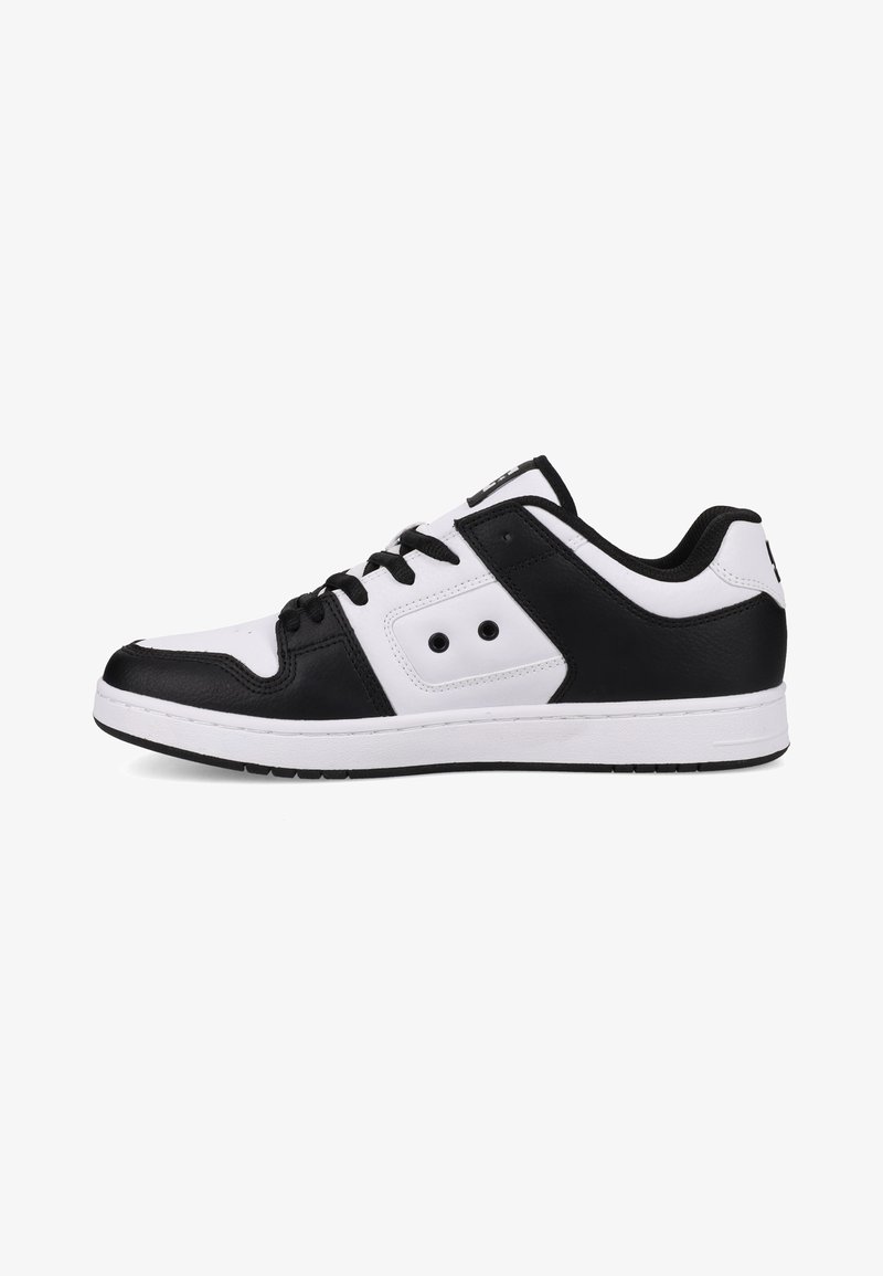 Sport shoe with a smooth black leather and white synthetic upper. Features six eyelets, padded collar, and rubber sole.
