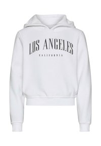 Felpa corta bianca con cappuccio, caratterizzata dalla scritta "LOS ANGELES" in grassetto nero sul petto, con cappuccio regolabile e polsini a costine.