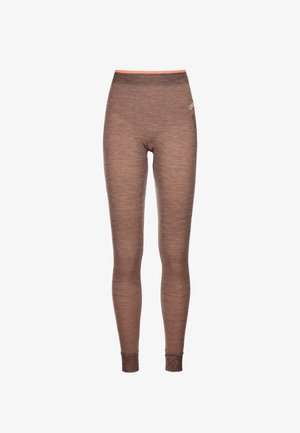Brown leggings made of textured material with an orange waistband and a logo detail. Fitted design with a smooth finish.