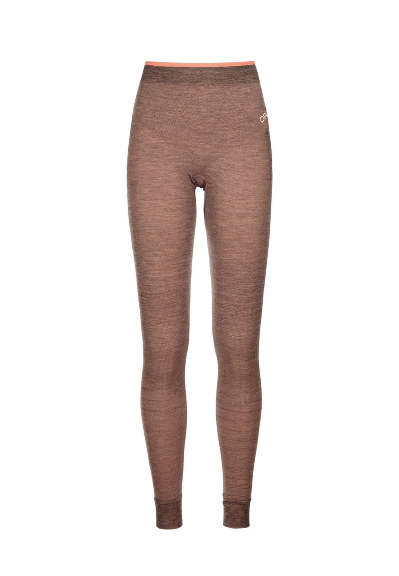 Brown leggings made of textured material with an orange waistband and a logo detail. Fitted design with a smooth finish.