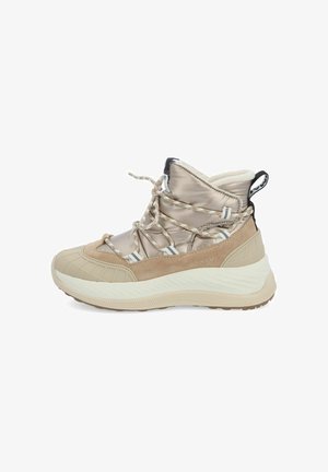 Beige High-Top-Sneaker mit gepolstertem Obermaterial, strukturiertem Stoff, reflektierenden Akzenten und einer dicken weißen Sohle. Verfügt über ein aufwendiges Schnürdesign.
