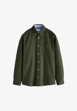 Camicia a maniche lunghe in cotone verde con colletto button-down, taschino sul petto e bottoni bianchi. Presenta un colletto interno a strisce azzurre.