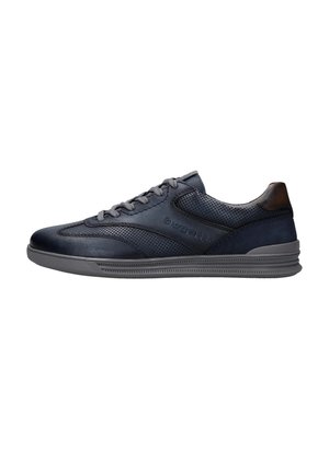 Dunkelblauer Schnürschuh aus Leder mit perforierten und glatten Einsätzen, grauer Sohle und "bugatti" seitlich geprägt.