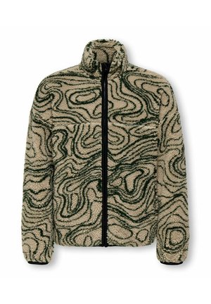 Veste polaire avec col montant et fermeture éclair noire intégrale, base beige avec motif abstrait ondulé vert foncé, manches longues et poignets élastiques.