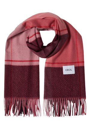 Écharpe en laine douce avec des blocs dégradés rose et bordeaux, des lignes rouges et des extrémités à franges, pliée avec une étiquette de marque blanche "CECIL".