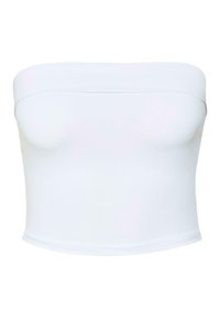 Top alb fără bretele, realizat dintr-un material neted. Are un design ajustat, cu cusături orizontale la marginea superioară și inferioară.