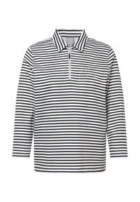 Schwarz-weiß gestreiftes Langarm-Poloshirt mit Reißverschluss am Kragen und einem kleinen, mit Nieten verzierten Taschen-Detail auf der linken Seite.