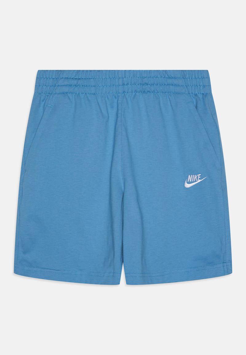 Zili sporta šorti ar elastīgu jostasvietu, sānu kabatām un mazu balto Nike logo apakšējā kreisajā pusē. Gluda auduma tekstūra.