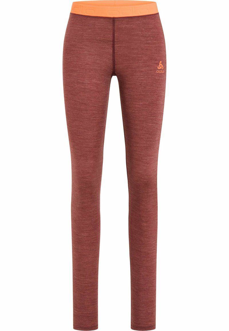 Figurbetonte Leggings aus strukturiertem, kastanienbraunem Stoff mit einem orangefarbenen elastischen Bund. Mit einem kleinen Logo am linken Bein.