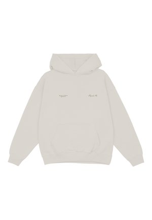 Sudadera gris clara con un bolsillo frontal, capucha con cordón y texto bordado en el pecho. Mangas largas con puños y dobladillo acanalados.
