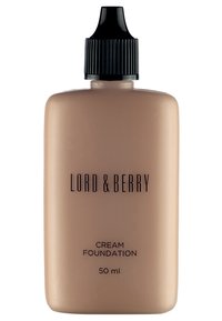 Flacon de fond de teint crémeux de Lord & Berry, 50 ml, forme rectangulaire, couleur beige, texture mate, bouchon à vis noir, avec le texte de la marque en noir.