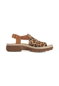Leopard print sandal with brown leather accents, an elastic strap, and a textured, ridged sole. Design features open sides for breathability.