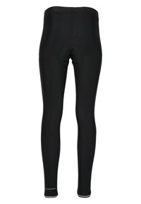 Black cycling tights with a fitted design, made of stretchy material. Features a padded seat area and a reflective logo at the ankle.