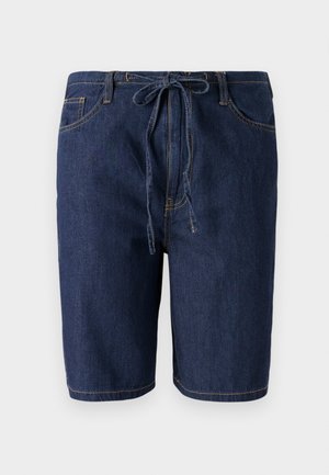Denim shorts in dark blue with a drawstring waist, five pockets, and contrast stitching. Mid-thigh length and smooth texture.