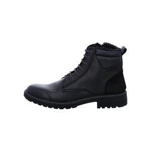 Black leather lace-up ankle boot with padded collar, fur lining, and rugged sole for outdoor or winter wear.