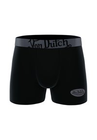 Caleçons de boxeur noirs en tissu extensible avec une taille grise portant le logo "Von Dutch" et un patch de marque ovale sur le côté.
