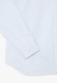 Camicia a maniche lunghe a righe in azzurro chiaro e bianco. Realizzata in tessuto dalla texture liscia. Presenta polsini con bottoni e orlo arrotondato.