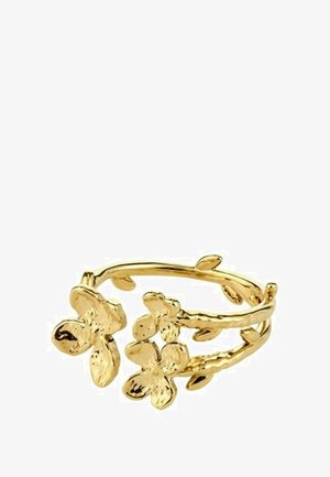 Anello d'oro con un design floreale composto da tre fiori testurizzati e dettagli a foglia, realizzato in metallo lucido.