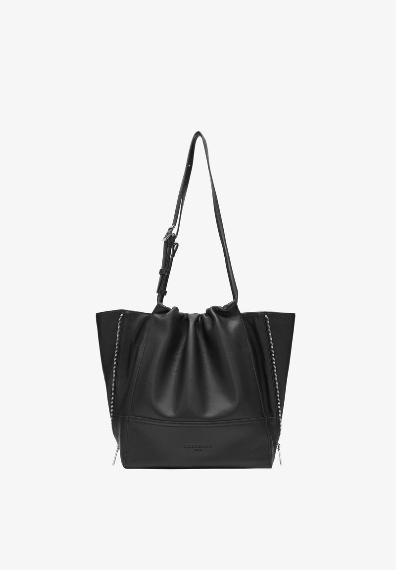 Sac fourre-tout en cuir noir avec un haut froncé, doté de poches latérales zippées et d'une bandoulière réglable. Lignes épurées et design minimaliste.