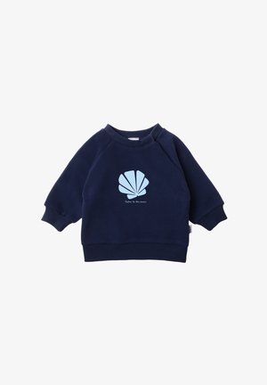 Navy blue sweatshirt featuring a light blue seashell graphic and text "listen to the ocean," with ribbed cuffs and hem. Soft fabric.