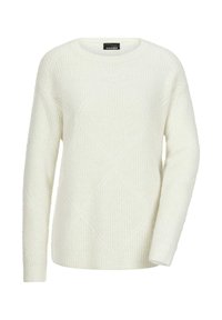 Weißer Strickpullover mit rundem Ausschnitt, der ein Rautenmuster und ein geripptes Muster aufweist, lange Ärmel und eine lockere Passform hat.